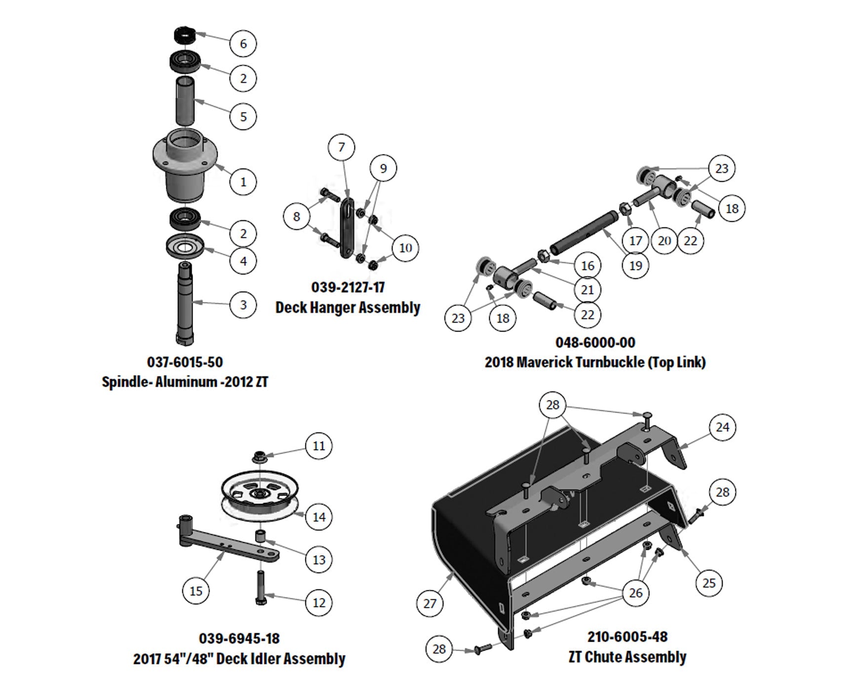 Spindle, Deck Hanger, Deck Idler, Turnbuckle, Chute Assembly