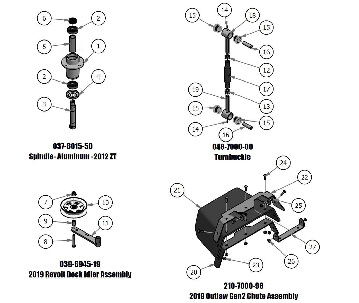 Spindle, Deck Idler, Turnbuckle, Chute Assembly
