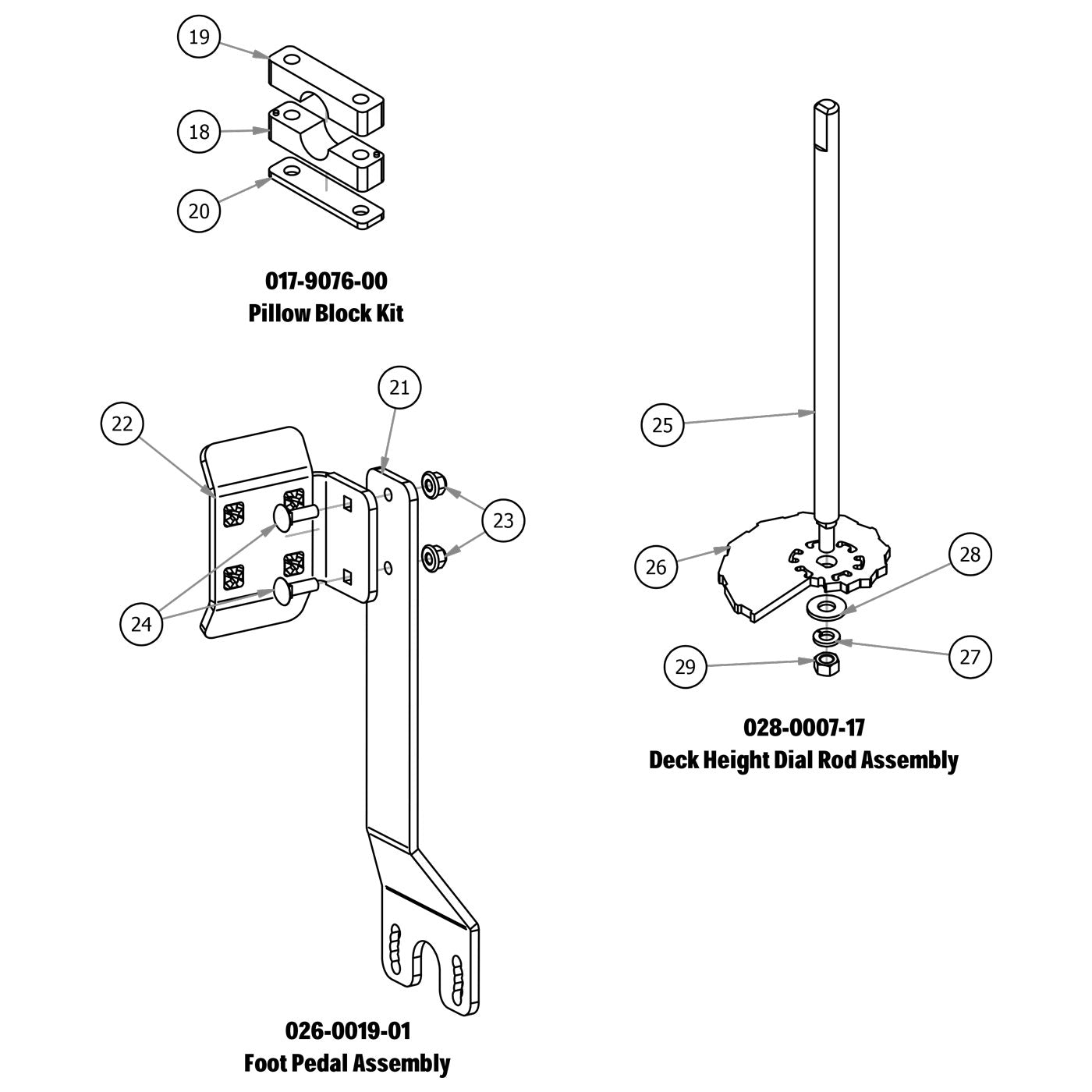 Pillow Block, Foot Pedal, Deck Height Dial Rod