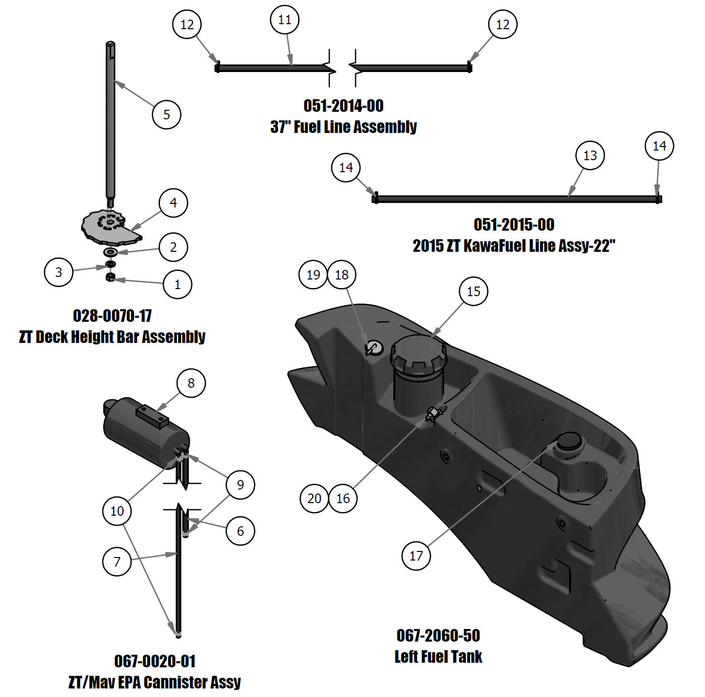 Deck Height Bar, Fuel Line, Fuel Tank, EPA Cannister