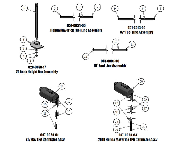 Deck Height Bar, EPA Cannister, Fuel Line Assembly