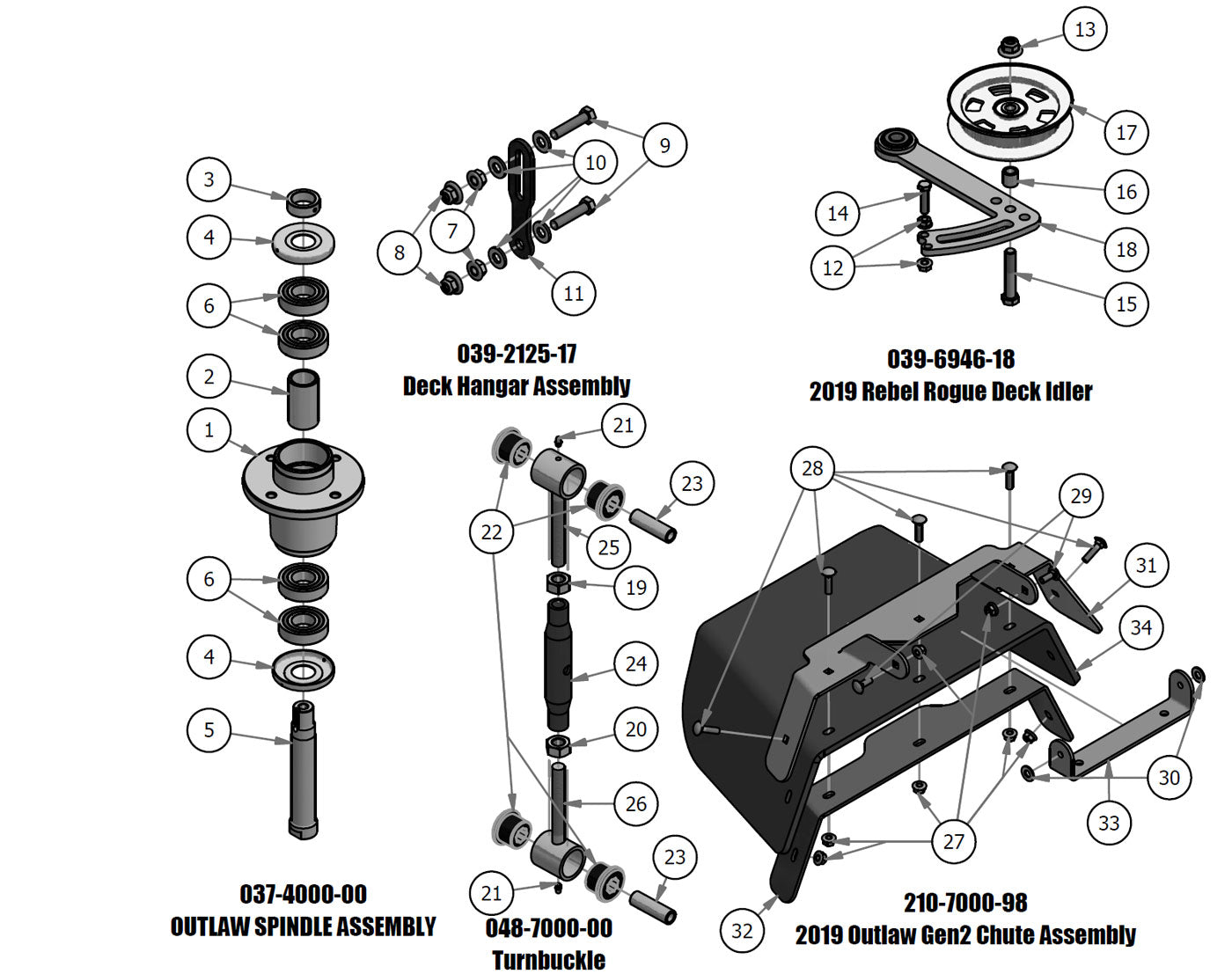 Spindle, Deck Hanger, Turnbuckle, Deck Idler, Chute Assembly