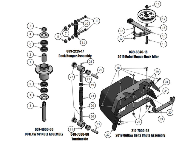 Spindle, Deck Hanger, Turnbuckle, Deck Idler, Chute Assembly