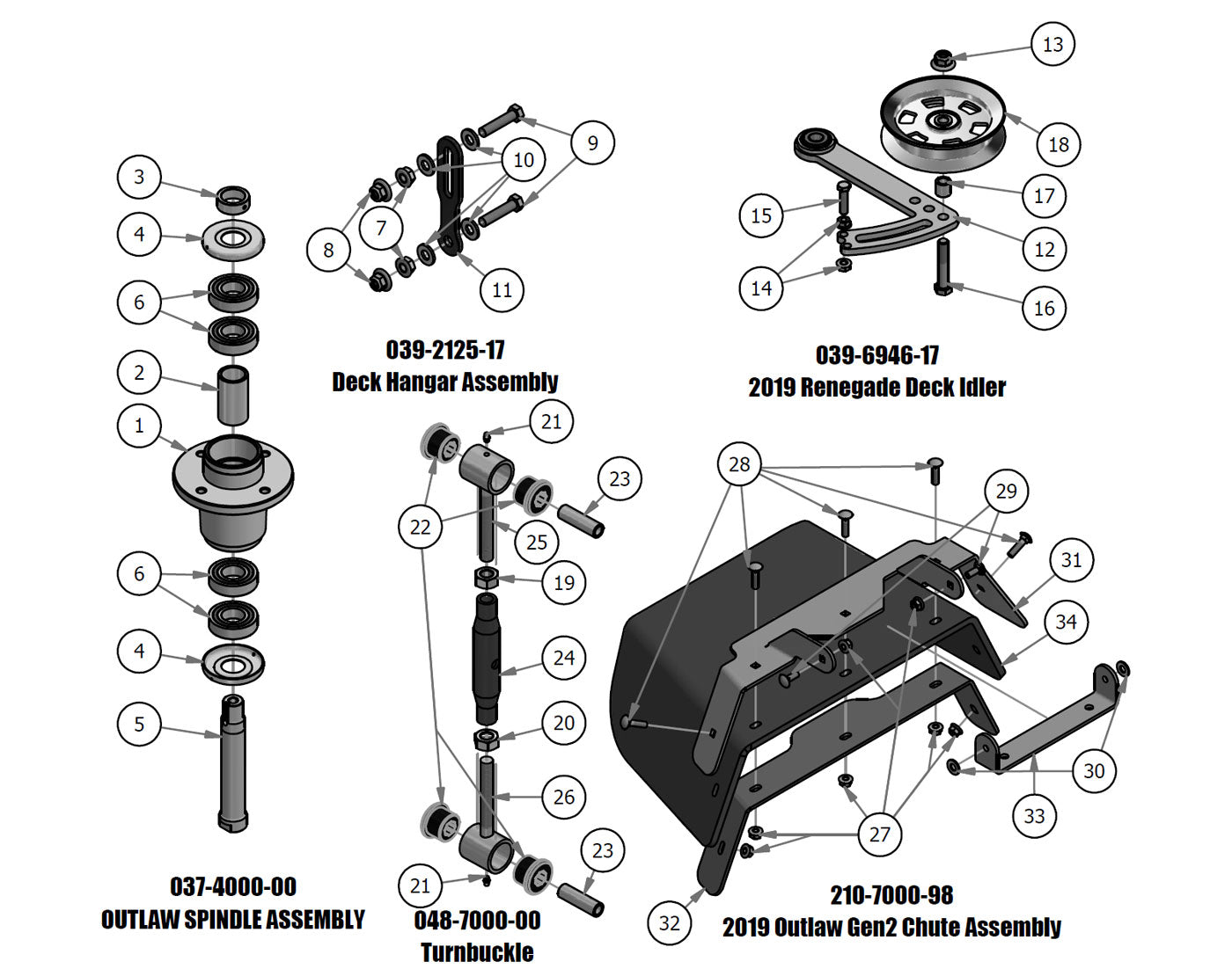 Spindle, Deck Hanger, Turnbuckle, Deck Idler, Chute Assembly