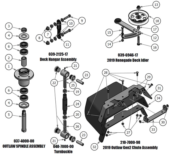 Spindle, Deck Hanger, Turnbuckle, Deck Idler, Chute Assembly
