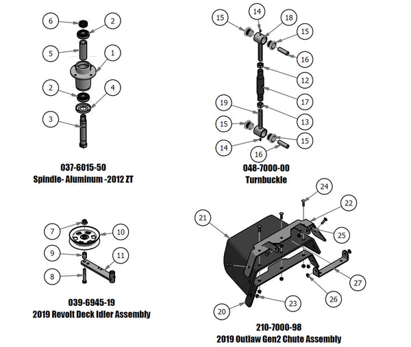 Spindle, Deck Idler, Turnbuckle, Chute Assembly
