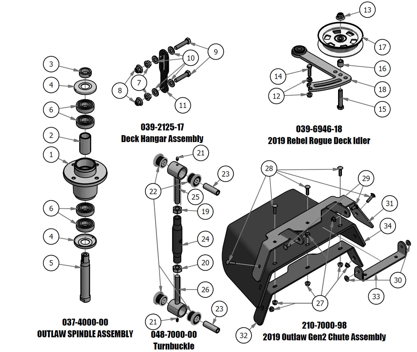 Spindle, Deck Hanger, Turnbuckle, Deck Idler, Chute Assembly
