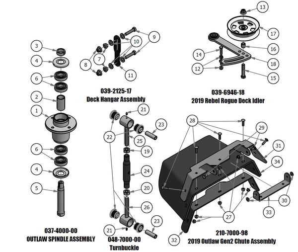Spindle, Deck Hanger, Turnbuckle, Deck Idler, Chute Assembly