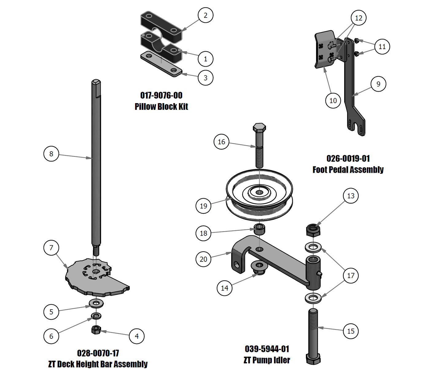 Deck Height Bar, Pillow Block, Pump Idler, Foot Pedal