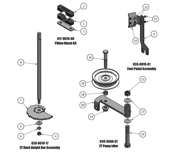 Deck Height Bar, Pillow Block, Pump Idler, Foot Pedal