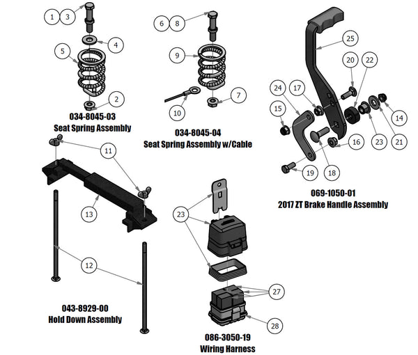 Seat Spring, Hold Down, Wiring Harness, Brake Handle