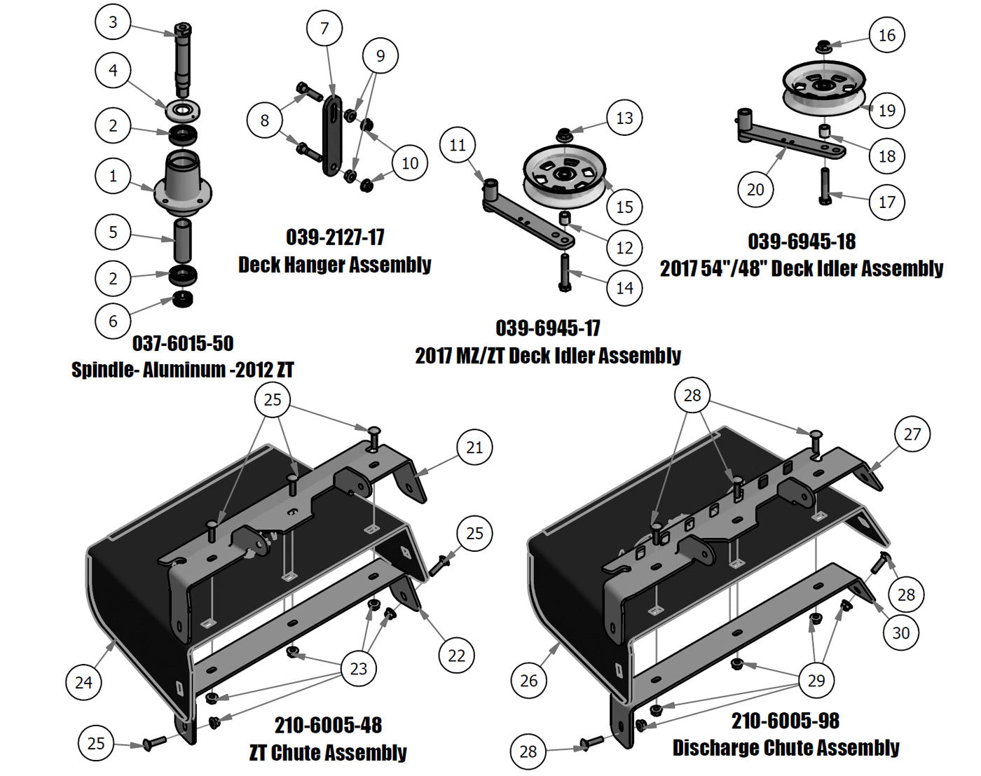 Spindle, Deck Hanger, Deck Idler, Chute Assembly