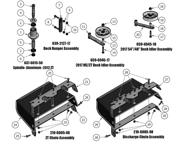 Spindle, Deck Hanger, Deck Idler, Chute Assembly