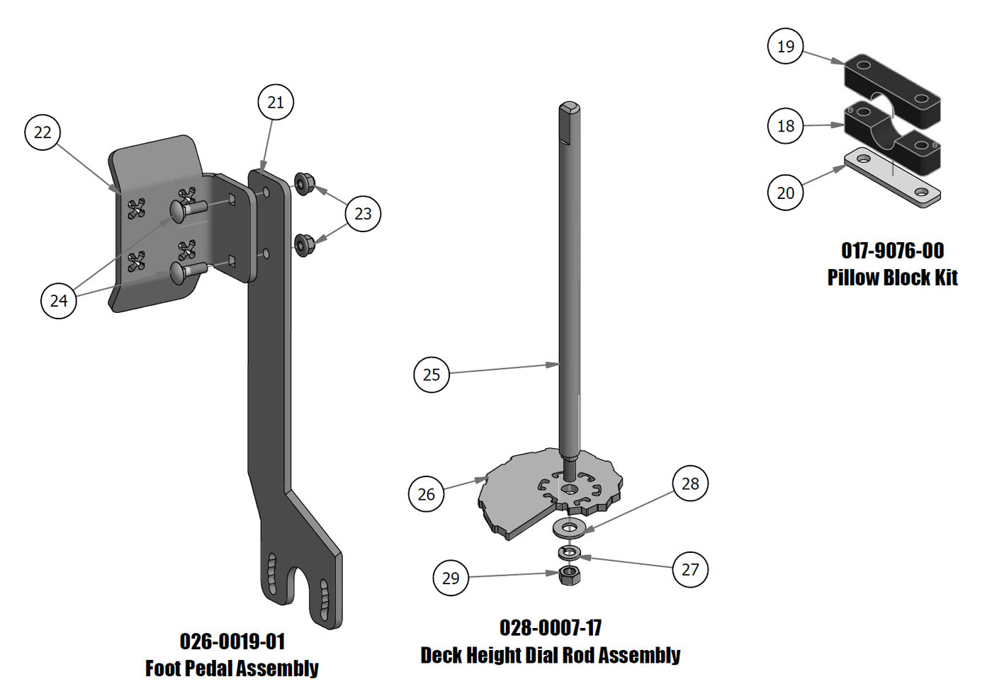 Pillow Block, Foot Pedal, Deck Height Dial Rod