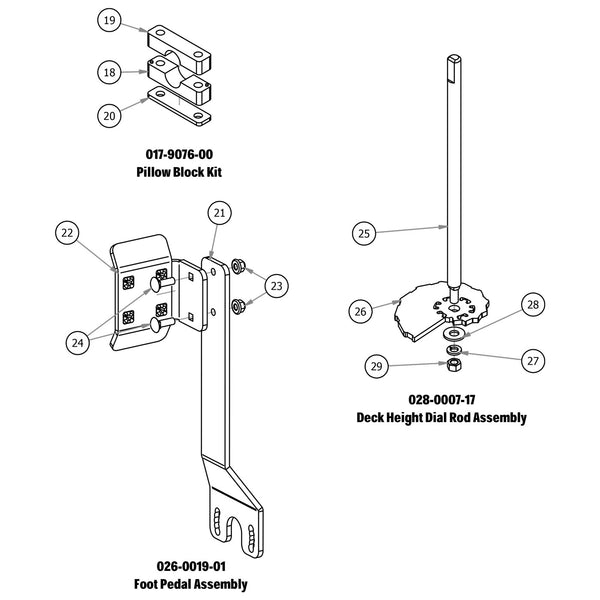 Pillow Block, Foot Pedal, Deck Height Dial Rod