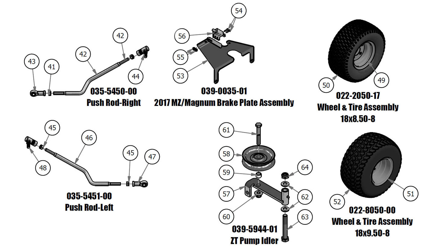Push Rods, Brake Plate, Pump Idler, Wheel & Tire Assembly