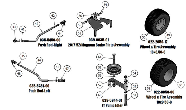 Push Rods, Brake Plate, Pump Idler, Wheel & Tire Assembly