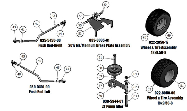 Push Rods, Brake Plate, Pump Idler, Wheel & Tire Assembly