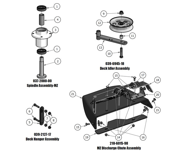 Spindle, Deck Hanger, Deck Idler, Chute Assembly
