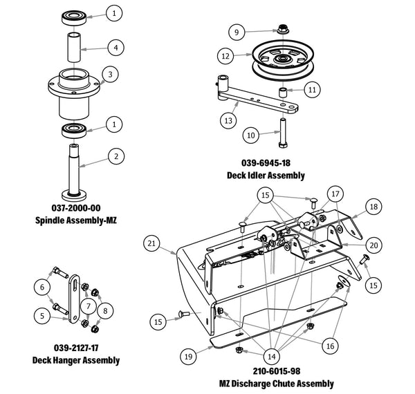 Spindle, Deck Hanger, Deck Idler, Discharge Chute Assembly