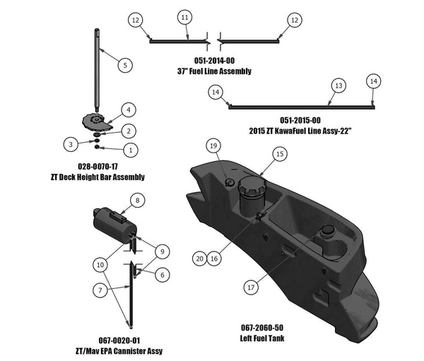Fuel Tank, Deck Height Bar, Fuel line, Cannister Assembly