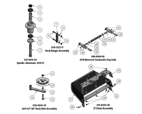 Spindle, Deck Idler, Deck Hanger, Turnbuckle, Chute Assembly