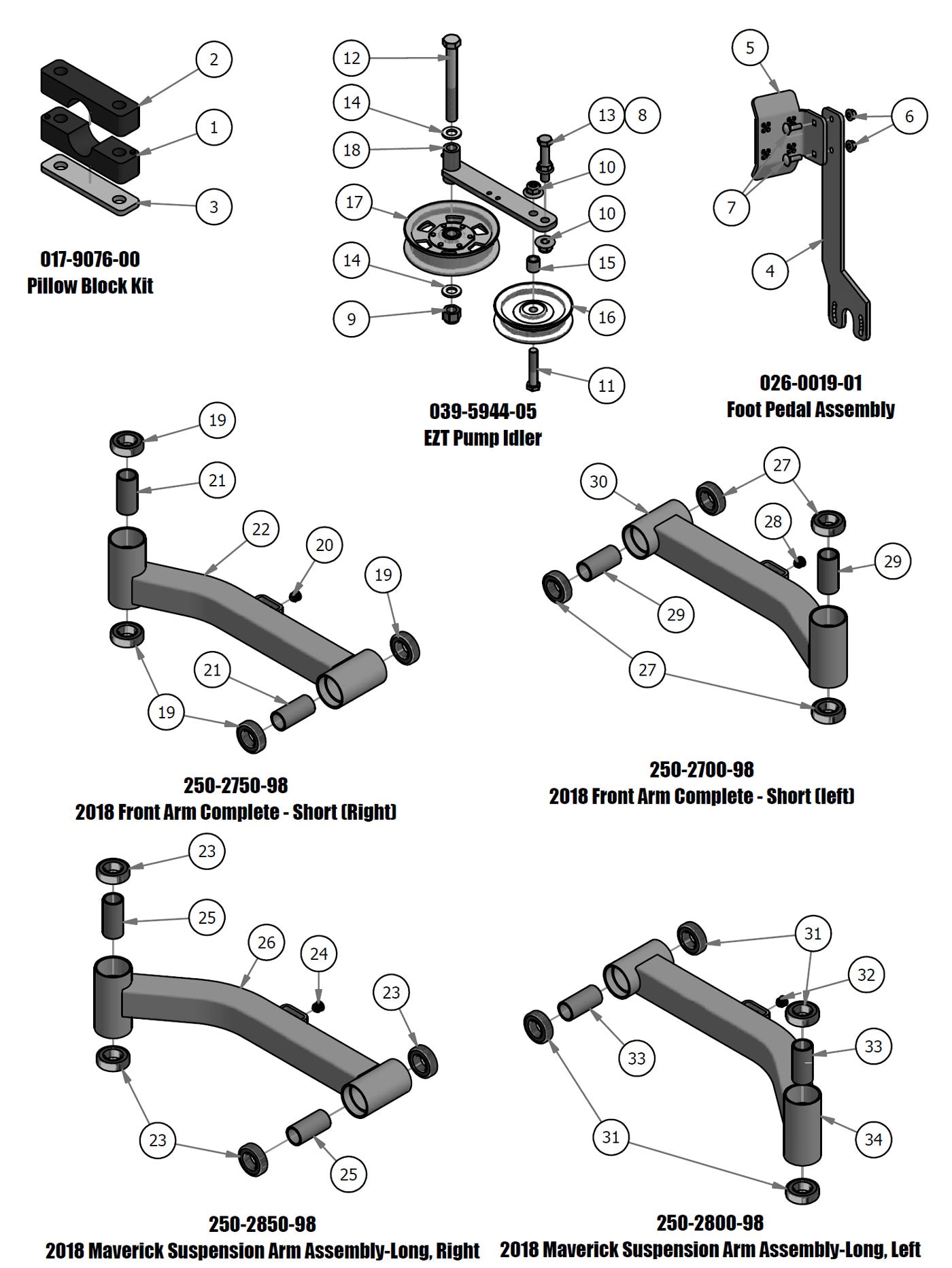 Pillow Block, Foot Pedal, Pump Idler, Front Arms & Extension Arms
