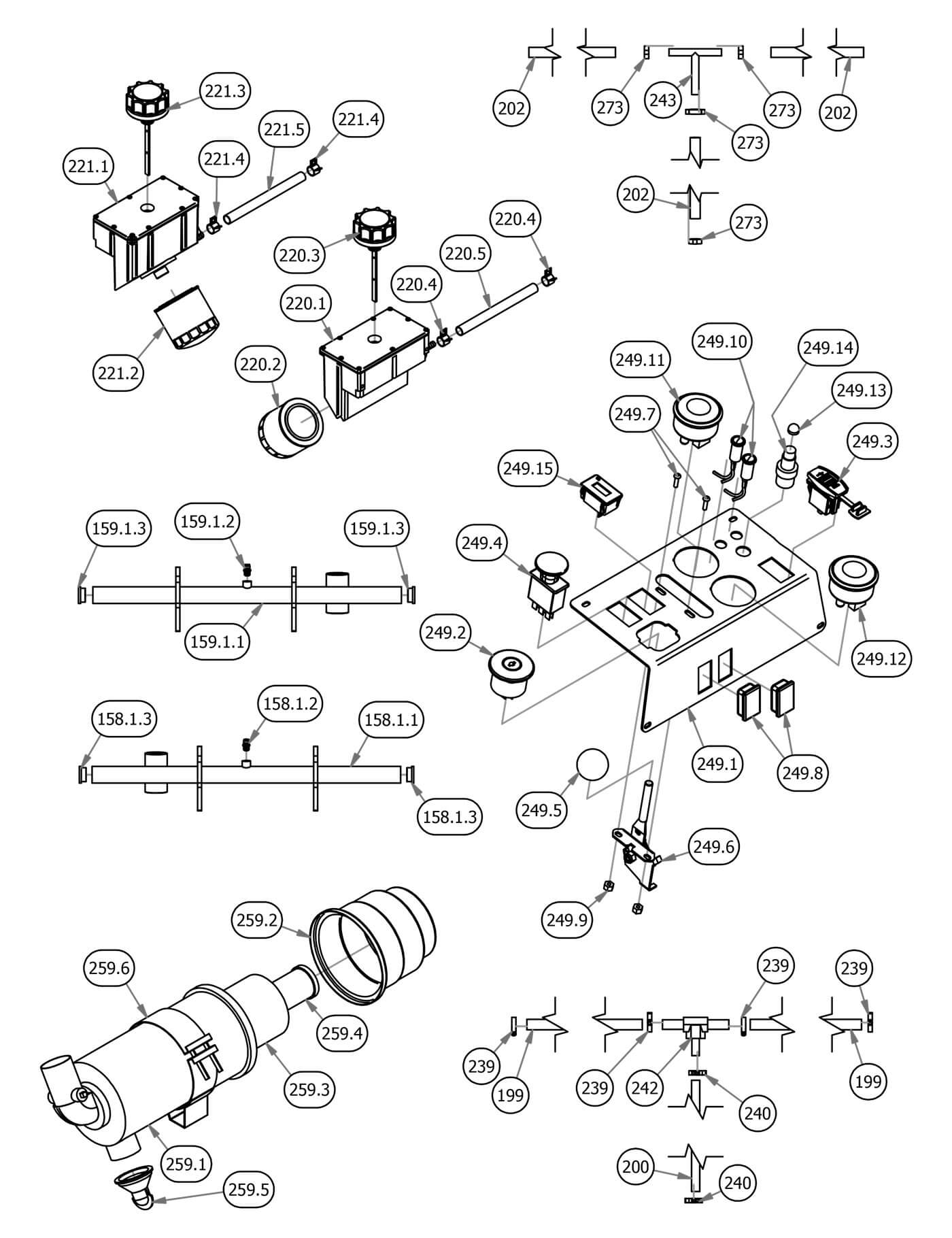 Hydro Tank, Drive Arms Cannister, Fuel Line, Control Panel