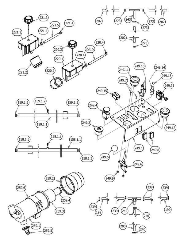 Hydro Tank, Drive Arms Cannister, Fuel Line, Control Panel