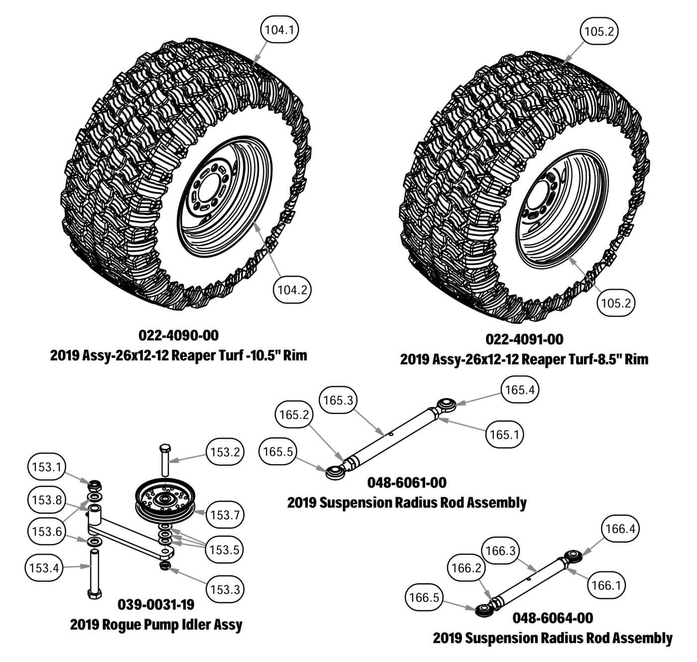 Wheels, Suspension Radius Rod, & Pump Idler