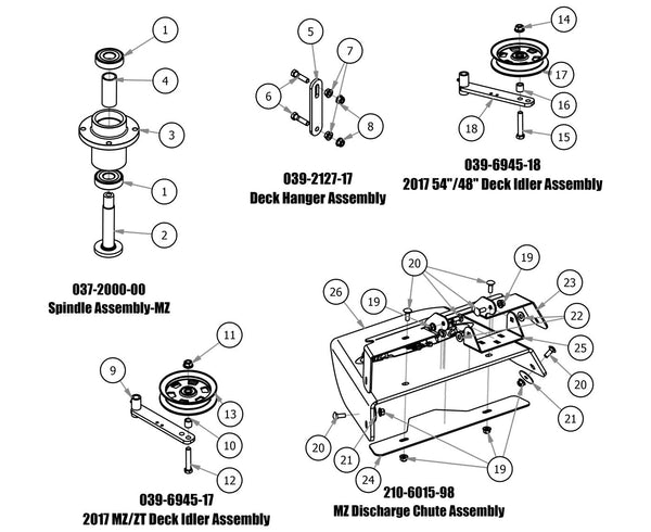 Spindle, Deck Hanger, Deck Idler, Discharge Chute Assembly