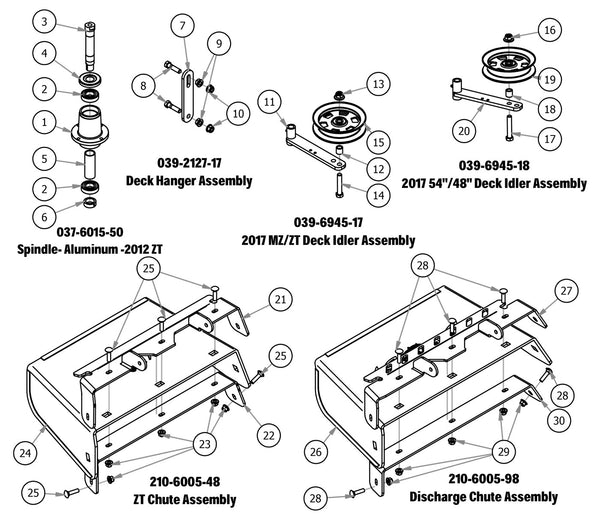 Spindle, Deck Hanger, Deck Idler, Discharge Chute Assembly