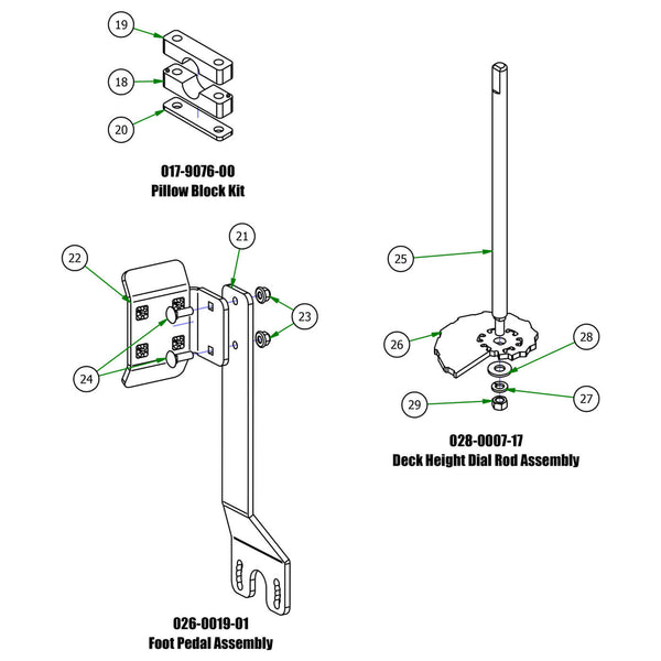 Pillow Block, Foot Pedal, Deck Height Dial Rod