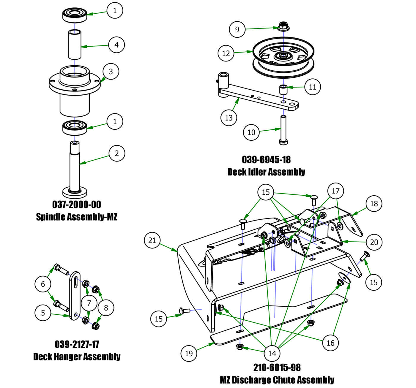 Deck Sub Assemblies - Spindle, Deck Hanger, Deck Idler, Chute