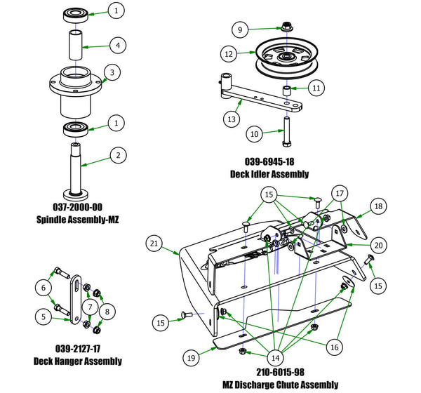 Deck Sub Assemblies - Spindle, Deck Hanger, Deck Idler, Chute