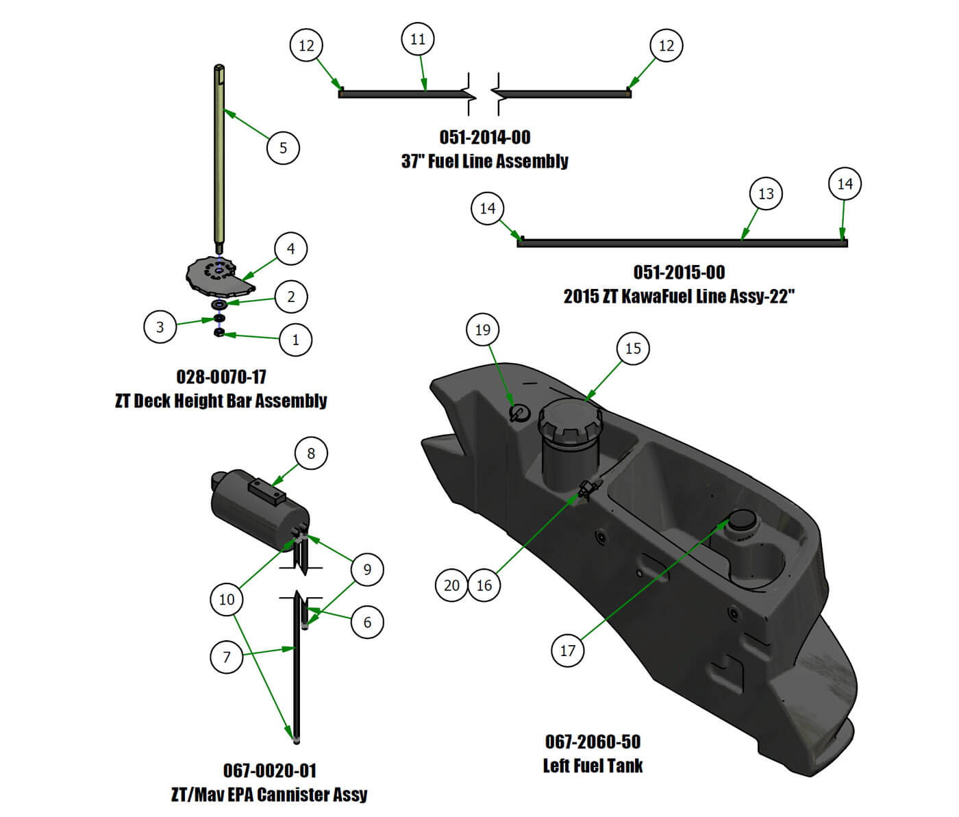 Fuel Tank, Deck Height Bar, Fuel Line, EPA Cannister
