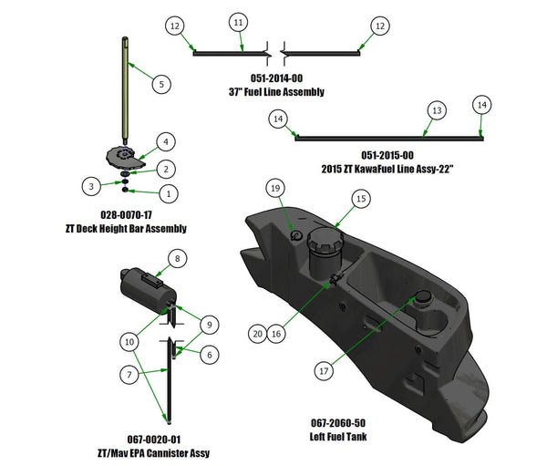 Fuel Tank, Deck Height Bar, Fuel Line, EPA Cannister