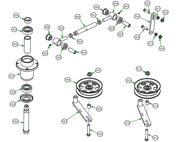 Deck Sub Assemblies - Spindle, Deck Hanger, Deck Idler, Turnbuckle
