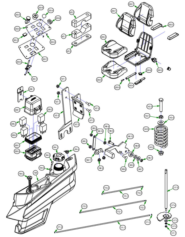 Frame Sub Assemblies - Pillow Block, Foot Pedal, Deck Height Bar, Seat Spring, Fuel Line, Fuel Tank, Brake Handle, Seat, Control Panel, Wiring Harness