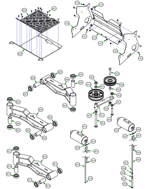 Frame Sub Assemblies - Rear Cover, Pump Idler, EPA Cannister, Floorboard, Suspension Arm