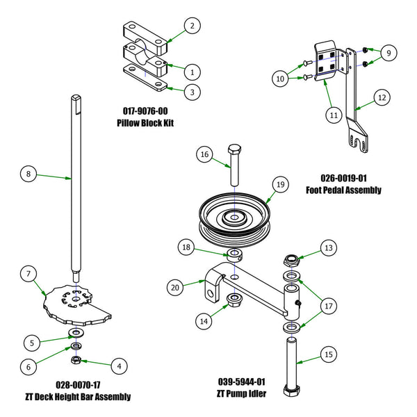 Pillow Block, Foot Pedal, Pump Idler, Deck Height Bar