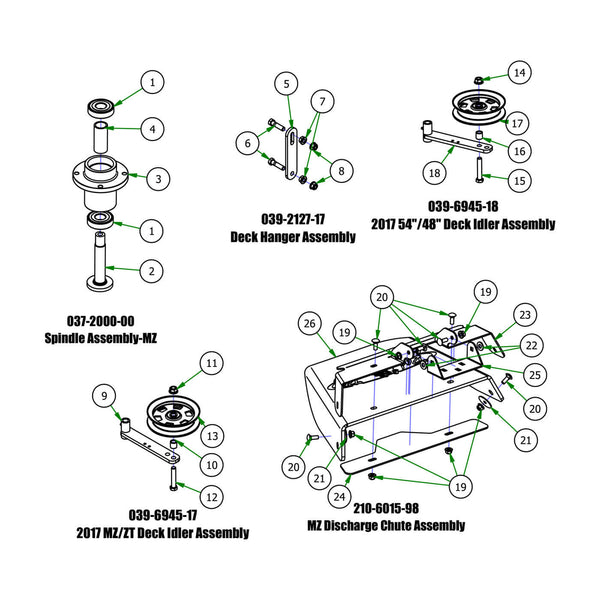 Spindle, Deck Idler, Chute