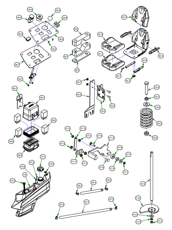 Pillow Block, Foot Pedal, Seat Spring, Fuel Line, Brake Handle, Seat, Control Panel, Wiring Harness