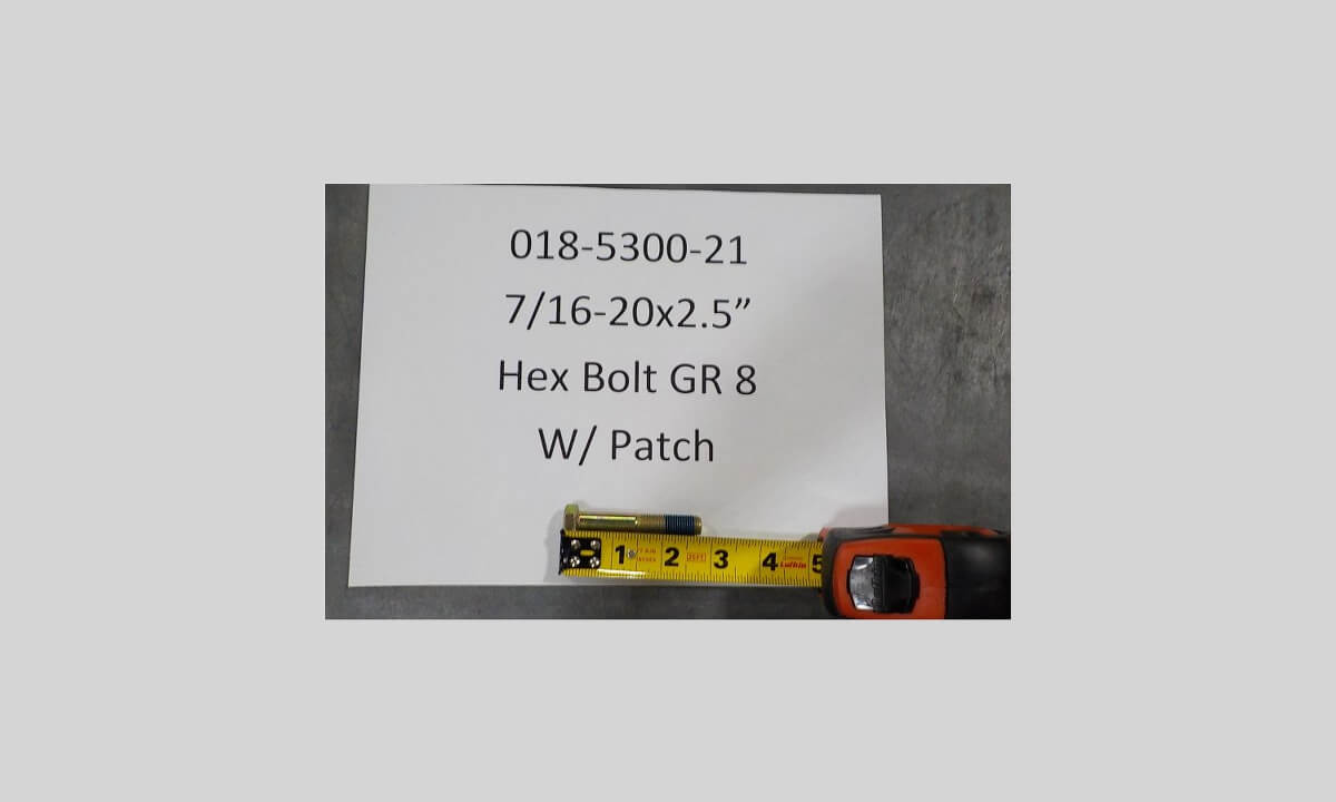 7/16-20x2.5” Hex Bolt GR 8 W/ Patch